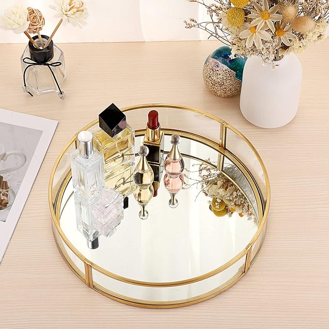 ELLDOO Gold Round Glass Decorative Tray, 9.9inch Metal Mirrored Jewelry Tray, Makeup Perfume Organizer for Bathroom Sink Vanity Dresser
