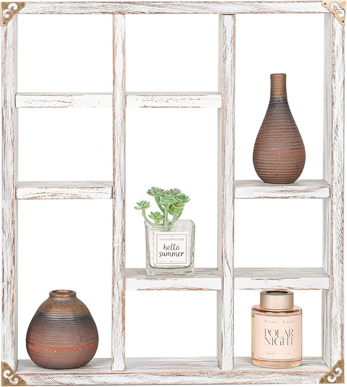 17.7x15.7-Inch Shadow Box Shelf 9-Slot Rustic Wood Floating Shelves Larger Shelf Lightweight Solid Wood Display(Set of 2,9C-Rustic White)