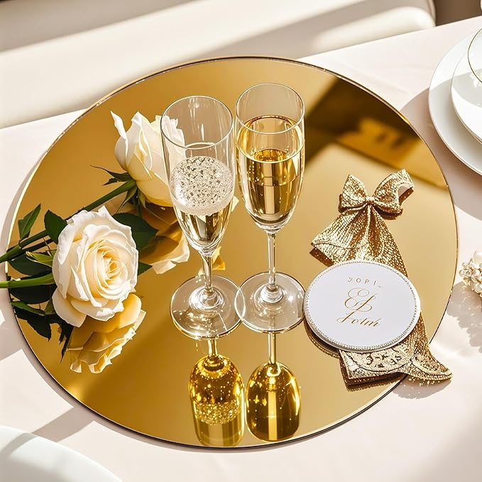 10PCS Gold Round Mirror Centerpieces for Tables Acrylic Circle Mirror Tray Candle Plate for DIY Craft Wedding Birthday Table Decorations Valentine Party Wall Decor (8inch/20cm)