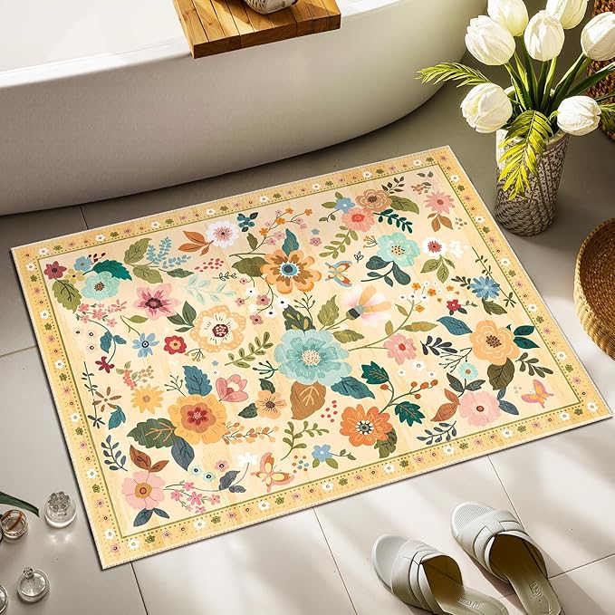 RELEANY Floral Nursery 2x3 Area Rugs Washable Print Boho Cute Carpet Non Slip Flower Low Pile for Living Room Kids Girls Plaroom Bedroom Kitchen Office Farmhouse-Ivory/Yellow