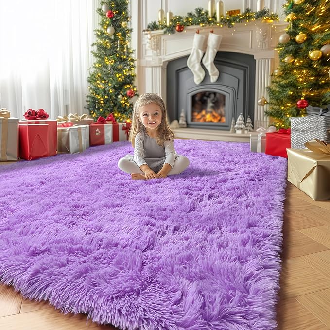 Amdrebio Purple Area Rugs for Bedroom Girls Room Decor Aesthetic, 5x7 Cute Fluffy Shag Lavender Rug for Living Room Dorm Classroom Nursery, Furry Plush Fuzzy Soft Lilac Carpet for Kids Baby Teens