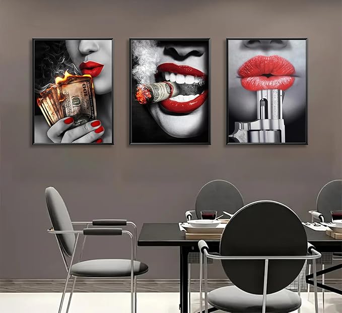 3pcs American Girl Money Wall Art Women Red Lips High Fashion Canvas Prints Posters Trend Black and White Wall Decor Beauty Fashion Abstract Paintings Suitable for Bedroom Living Room Bar Cart Restaurant Wall Decor Unframed