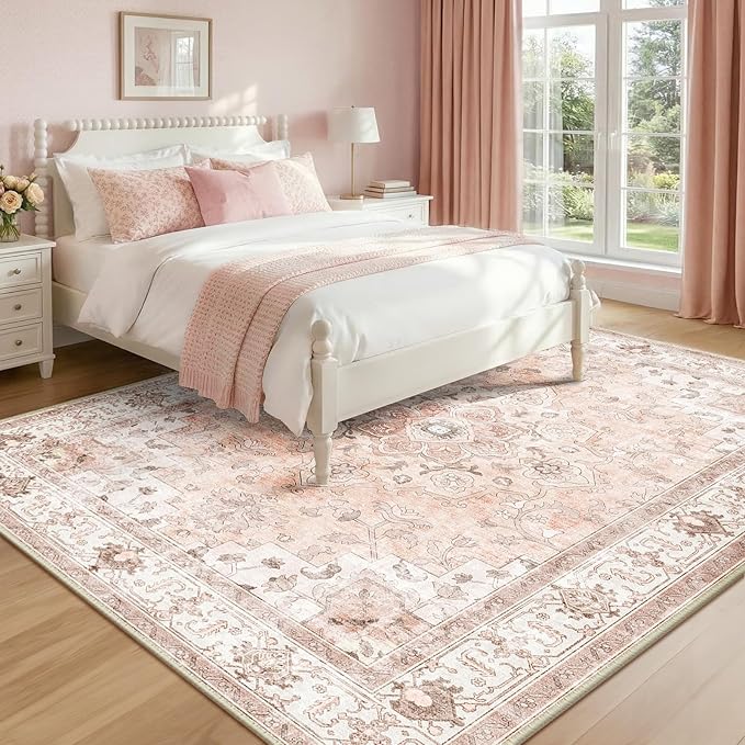 CAPALOCA Machine Washable Rugs Nursery Rug 7x9 Cute Girl Non Slip Low Pile Water Repellent Soft Print Pattern for Bedroom Indoor Decor Kids Playroom Pink