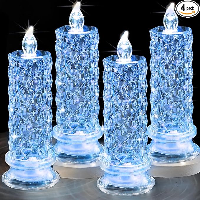 SupBri LED Candles, 4Pack Battery Operated Candles with Rose Light Halo, Romantic Flameless Pillar Candles for Valentines Halloween Decorations(Blue, D 2.5" x H 7.2")