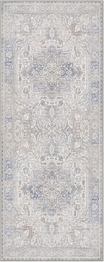 GENIMO 2x10 Runner Rugs for Hallway, Machine Washable Non Slip Vintage Retro Rugs, Low Pile Lightweight Thin Print Carpet for enrtyway, Corridor, Home Office, Kitchen, Khaki Blue