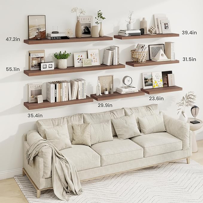 Fun Memories 9.3Inch Deep Floating Shelves for Wall, 30 Inch Rustic Wood Wall Mounted Shelves for Bathroom, Bedroom, Kitchen, Deep Floating Shelf for Storage & Home Decor (Walnut, Set of 2)