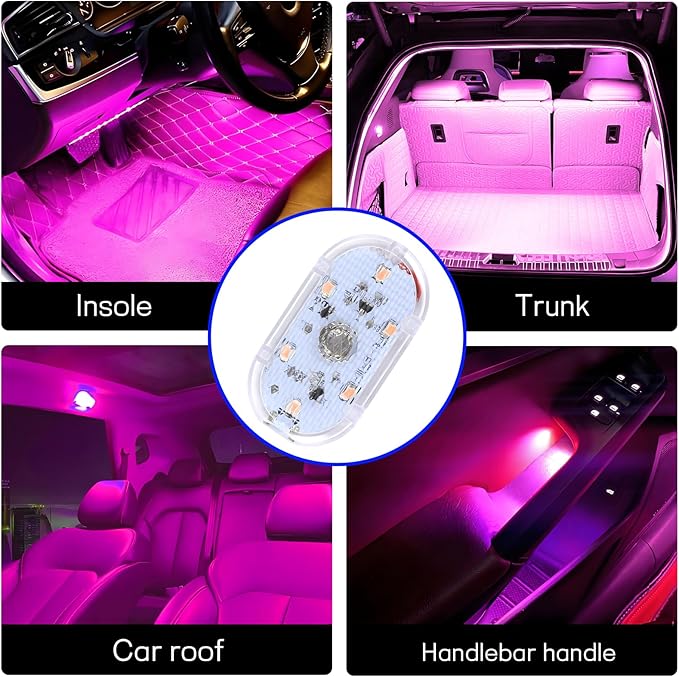 4 PCS Car LED Lights Interior Wireless, Super Bright Auto Interior Ambient Light with 6 Bright LED Lamp Beads, Portable USB Rechargeable Car Led Night Light for Vehicle Decor(Pink)