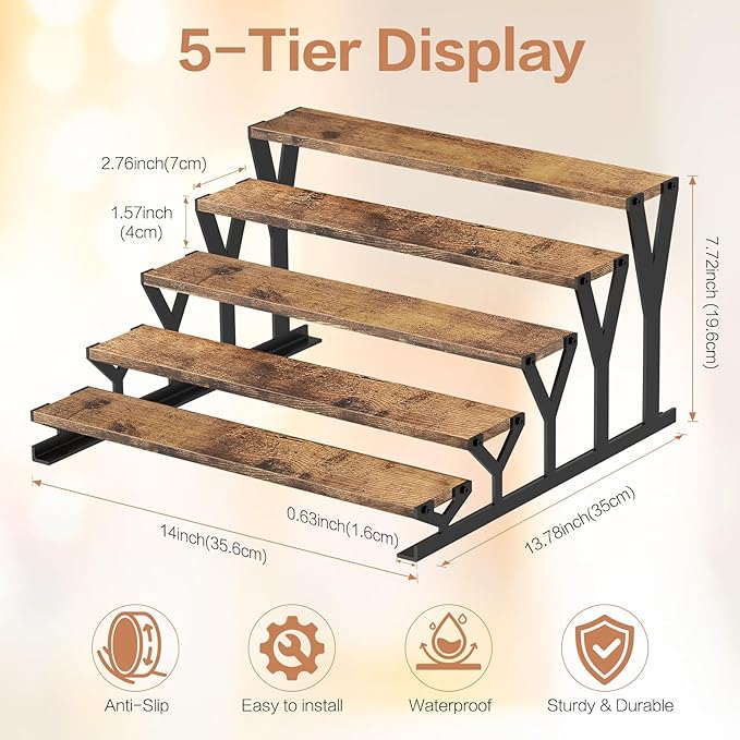 KALYLOC 5 Tier Wooden Display Riser Stand 13.8 Inch Metal Step Perfume Stand Organizer Tabletop Tiered Display Shelf Rack for Cologne Cupcake Spice Figures Cosmetics Candles (Brown, Y-Shape)