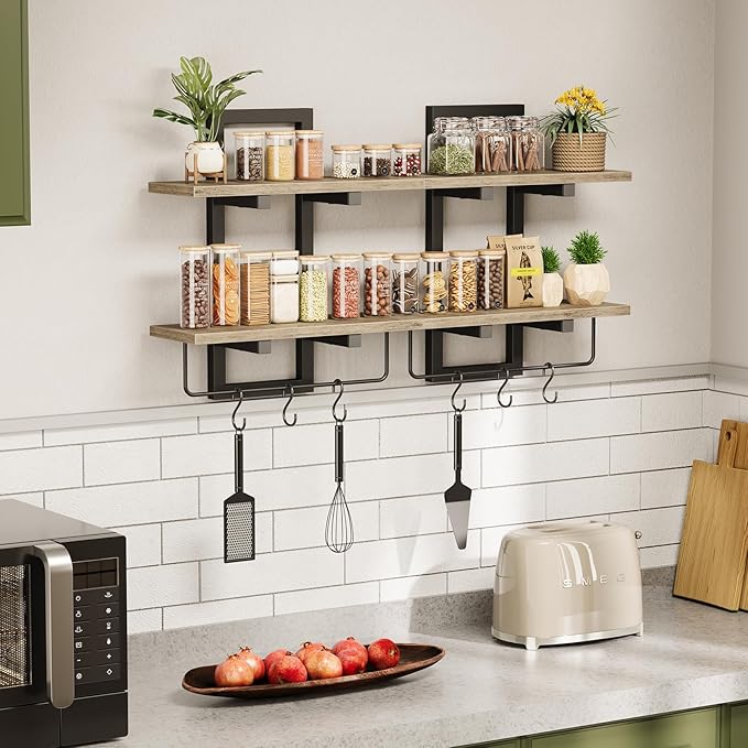 Creso hom Floating Shelves, 15" Wall Shelf Set of 2, Hanging Bathroom Shelves 2-Tier, Wall Mounted Storage Shelves, for Living Room Bedroom Bathroom Kitchen Office Coffee Bar, Greige