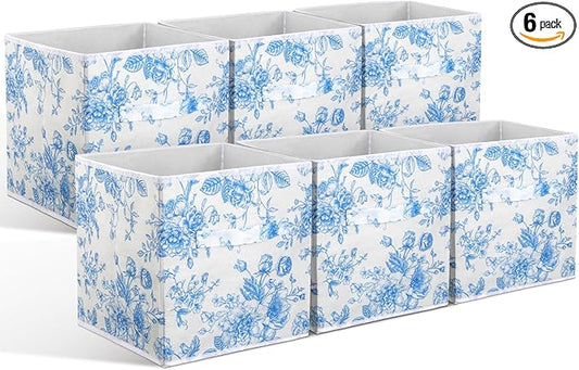 Geelin 6 Pcs Blue Floral Cube Storage Bins 11 Inch Blue Flower Storage Basket with Handle, Preppy Girls Organizer Basket, Collapsible Fabric Box for Classroom Bedrooms Office Home Decoration Gift