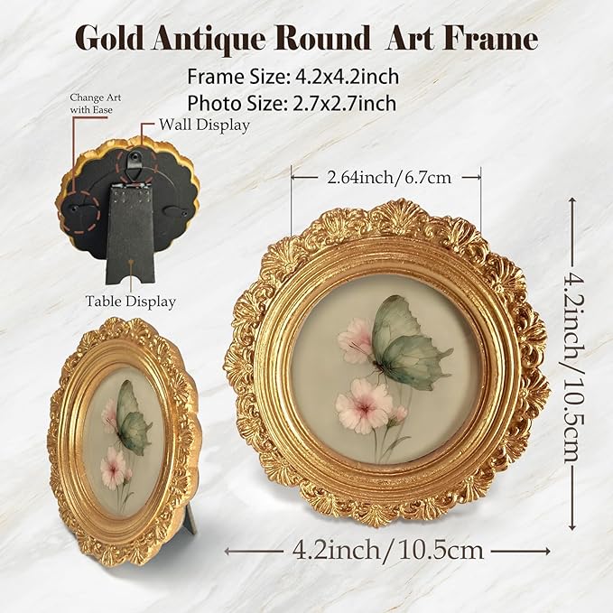 Small Vintage Butterfly Spring Round Picture Frame Wall Decor, Pink Flower Gold Mini Ornate Photo Frame for TableTop Desk 2.7in Photo, Rustic Framed Artwork for Walls Office Bedroom Shelf