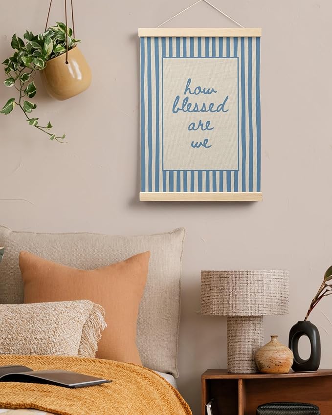 FGFK Trendy Blue Christian How Blessed Are We Wall Art Poster Hanger Frame, Retro Blue Striped Religious Bible Verse Canvas Prints Framed Wall Decor for Home Girls Room Bedroom, 12x16 Inch