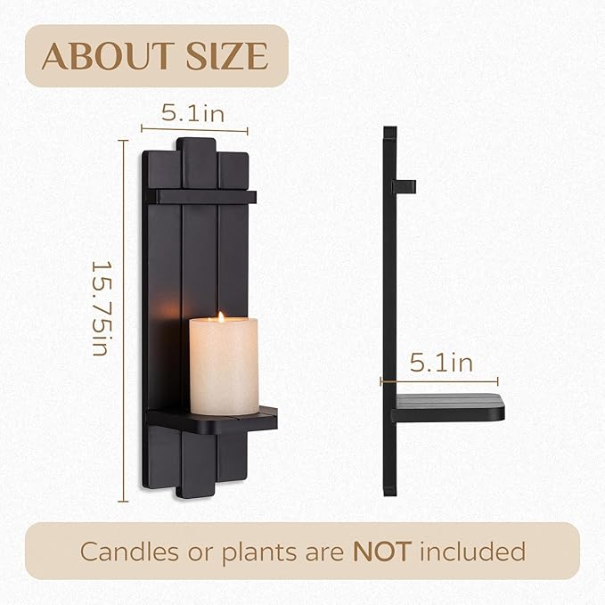 Candle Sconces Black Wall Decor Set of 2 - Wood Wall Candle Holders Set of Two for Small Plants Pillar Candles Tealight - Gothic Distressed Decor for Living Room