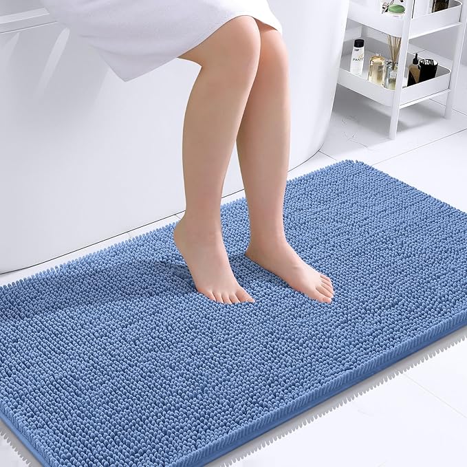 OLANLY Bathroom Runner Rugs 44x24, Soft Absorbent Chenille Bath Rugs, Rubber Backing Quick Dry, Machine Washable Long Bath Mats for Bathroom, Tub and Shower, Home Decor Accessories, Cornflower Blue