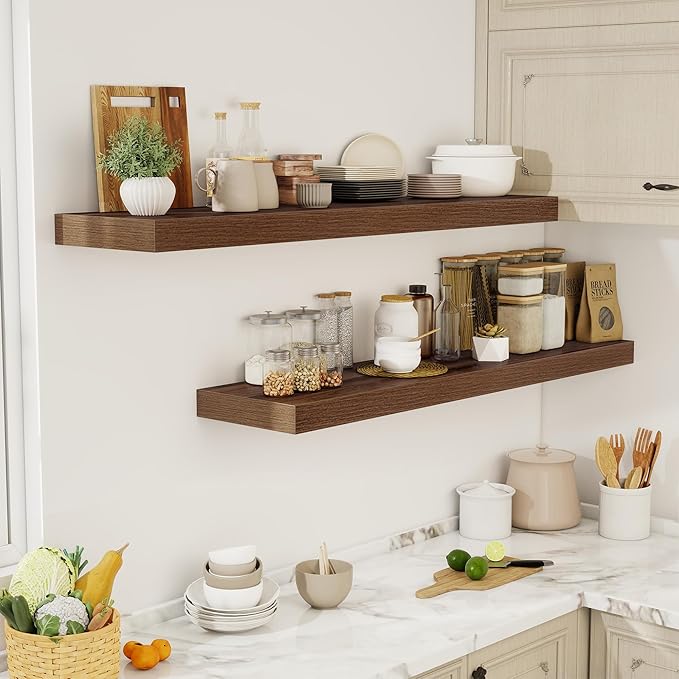 Acovy 55 Inch Floating Shelves, 12" Deep Floating Shelf Wall Mounted, 55" Wall Shelves, Rustic Deep Bookshelf, Extra Deeper & Thicker Display Shelves for Bedroom, Living Room, Walnut, Set of 2