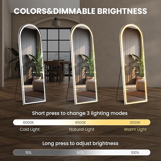 Sweetcrispy Arched Full Length Mirror with LED Lights, 63"x21" Lighted Floor Mirror with Dimming & 3 Color Lighting, Stand for Bedroom, Dressing Room
