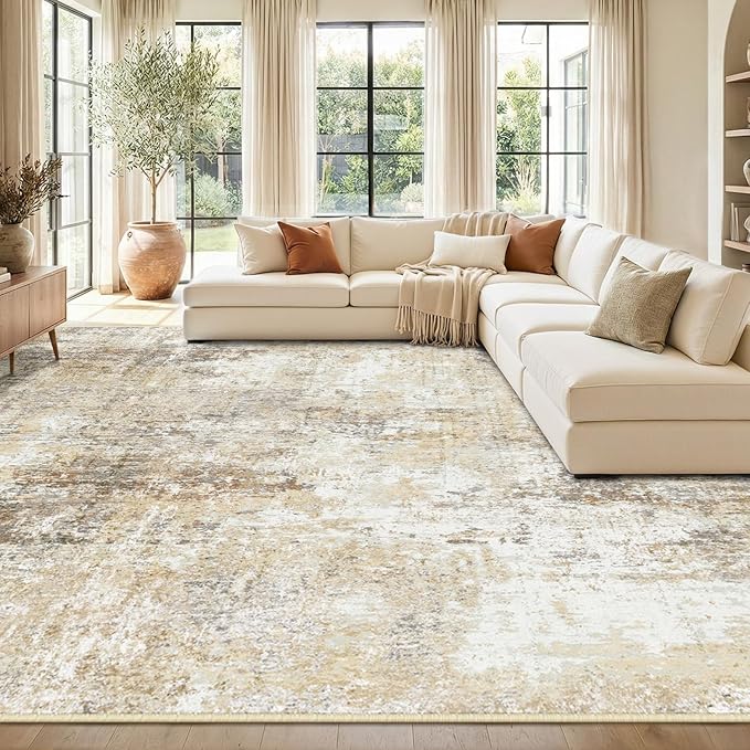 RELEANY Washable Area Rugs 10'x14 Non-Slip Modern Abstract Soft for Living Room Entryway Bedroom Nursery, Print Pattern, Neutral Brown Gray