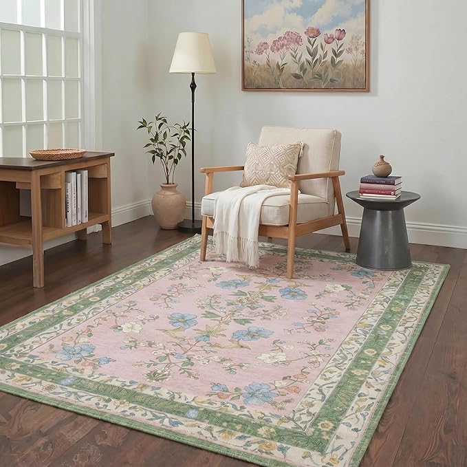 GENIMO 5x7 Area Rugs for Living Room, Machine Washable Non Slip Vintage Rugs, Low Pile Lightweight Chenille Print Rug for Bedroom, Dining Room, Home Office, Light Green Pink