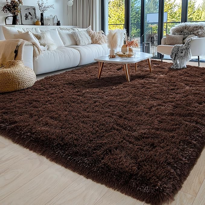 8x10 Area Rugs for Living Room, Ultra Soft Fluffy Large Shaggy Rug Carpet for Bedroom, Non-Slip Fuzzy Plush Rugs for Nursery Boys Girls Kids Room Modern Indoor Home Decor, Brown