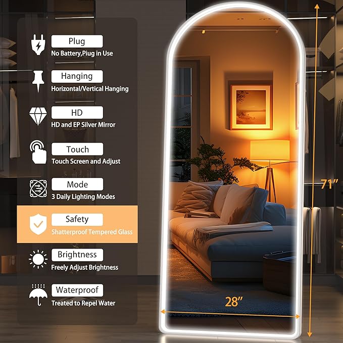Hasipu Arched Full Length Mirror with Lights, 71" X 28" Lighted Full Body Mirror with Stand, Dimming 3 Colors & Brightness Adjustable, Bedroom Cloakroom Living Room, White Modern Arch Metal Frame