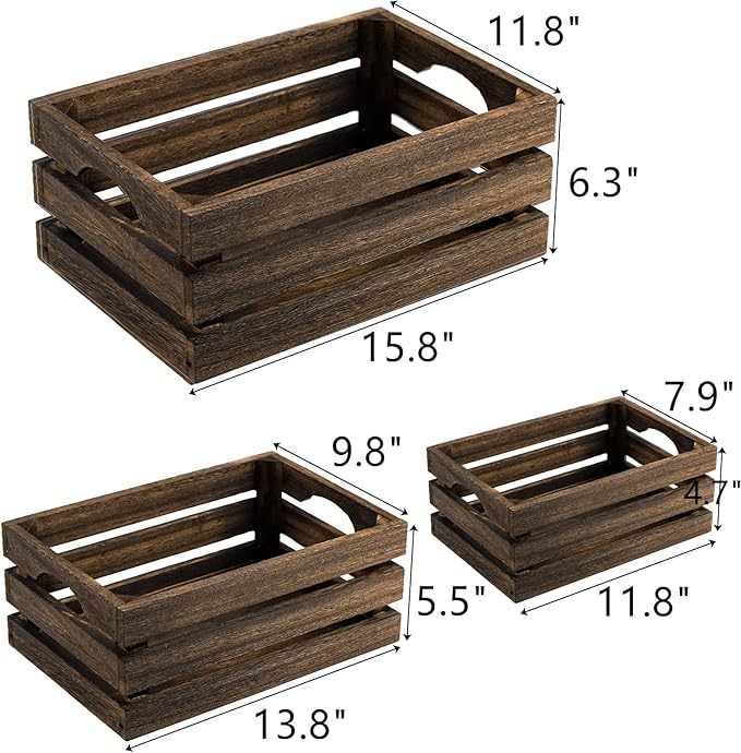 ZOOFOX Set of 3 Nesting Wooden Crates, Rustic Wood Basket with Handles, Decorative Farmhouse Wooden Storage Container Boxes for Party, Office, Bedroom, Kitchen and Closet