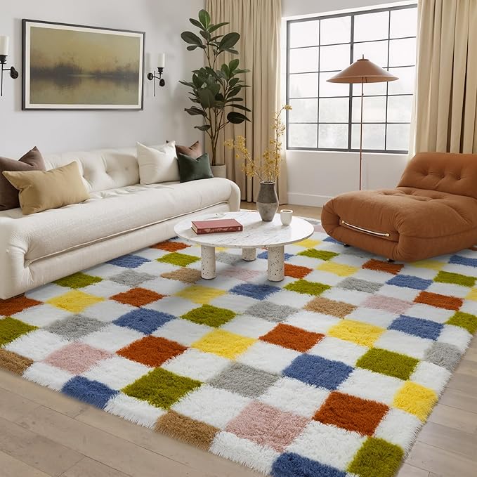 PureCozy Checkered Rug 5x8 for Living Room, Colorful Modern Shag Rug Super Soft Washable Indoor Fuzzy Carpet Non-Slip Fluffy Rugs for Bedroom Home Aesthetic Decor