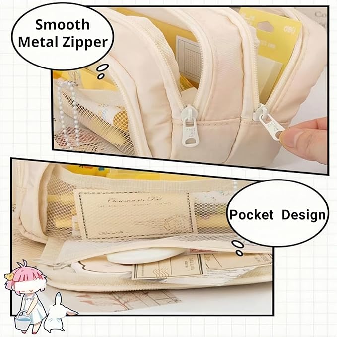 Big Capacity Pencil Case 3 Compartments Large Pencil Pouch Pen Bag Pencil Box Holder Organizer Simple Storage Aesthetic Stationery Cosmetic for Adults Men Women Office Essentials (Pink)