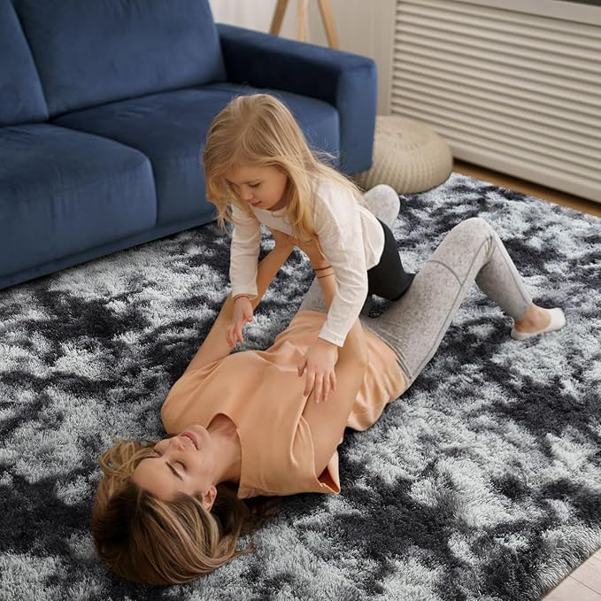 Modern Soft Fluffy Small Shaggy Rug for Bedroom Livingroom Dorm Kids Room Indoor Home Decorative, Non-Slip Plush Furry Fur Area Rugs Comfy Nursery Accent Floor Carpet 5X7 Feet, Tie-Dyed Deep Grey
