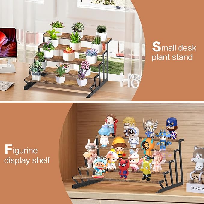 KALYLOC 5 Tier Wooden Display Riser Stand 13.8 Inch Metal Step Perfume Stand Organizer Tabletop Tiered Display Shelf Rack for Cologne Cupcake Spice Figures Cosmetics Candles (Brown, Z-Shape)