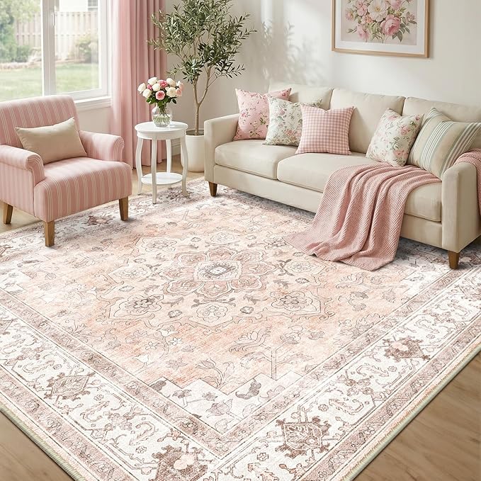 CAPALOCA Machine Washable Rugs Nursery Rug Sq8ft Cute Girl Non Slip Low Pile Water Repellent Soft Print Pattern for Bedroom Indoor Decor Kids Playroom Pink