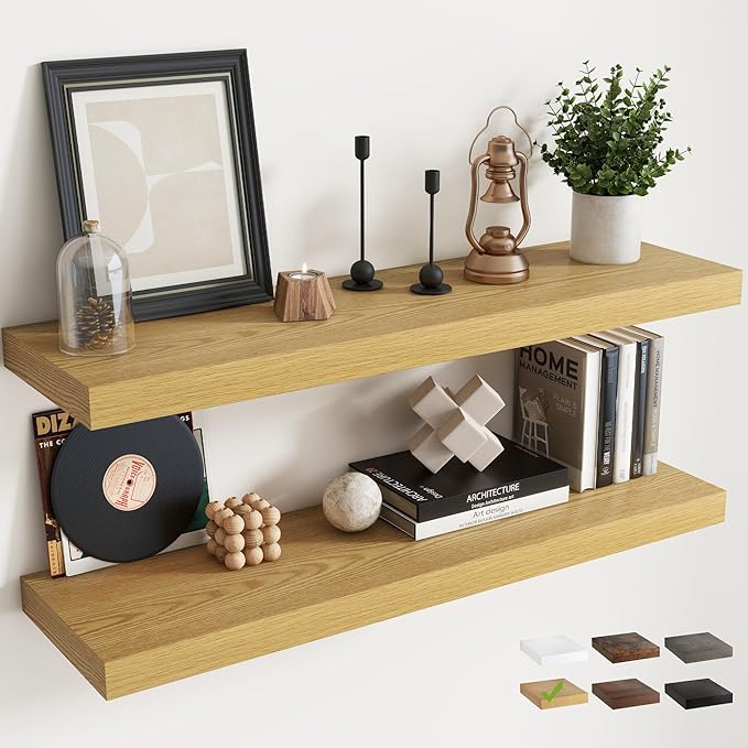 40 Inch Floating Shelves for Wall with Invisible Brackets Set of 2, 9"D Engineered Wood Wall Shelves with Wood Grain for Living Room, Bedroom, Bathroom, Kitchen Decor and Storage, Oak Finish