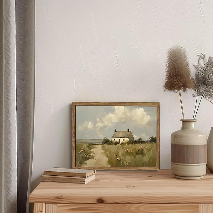 Vintage Wall Art, Framed English Countryside Cottage Painting Print, Country Farmhouse Canvas Wall Art, Rustic Landscape Pictures Artwork Wall Decor for Bedroom Living Room – 8x10 inch