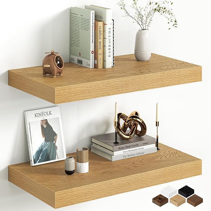 Fun Memories 12 Inch Deep Oak Floating Shelf, 24 x 12 Rustic Wood Wall Shelf for Books, 2" Thick Deep Floating Shelf for Storage & Display in Kitchen, Living Room, Bedroom, 2 Packs