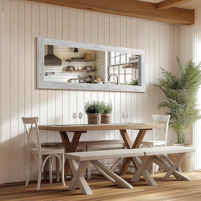 Rustic Farmhouse Full Length Mirror, 64"x21" Wood Frame Floor Mirror, Free Standing Mirror for Bedroom Living Room Cloakroom, Weathered White