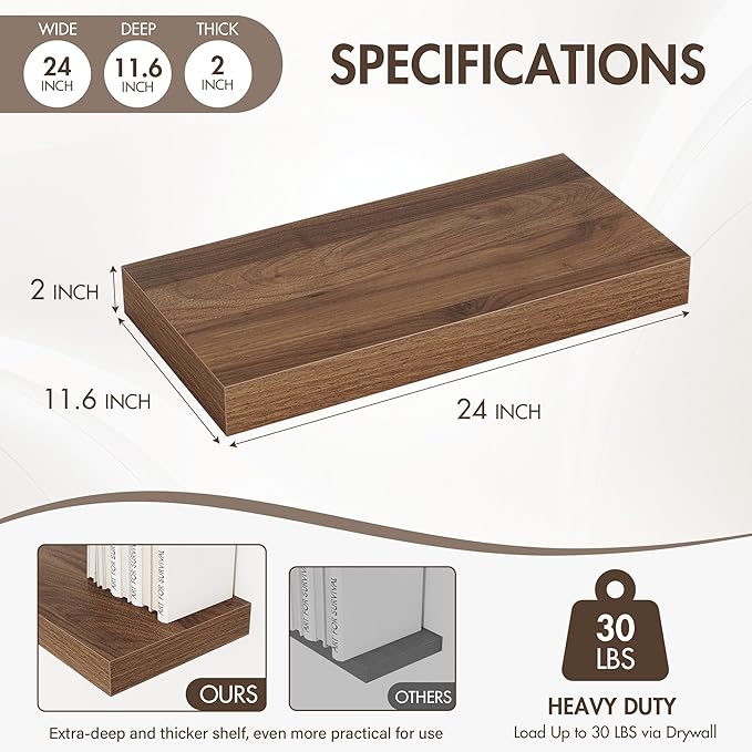 Acovy 24 Inch Floating Shelves, 12" Deep Floating Shelf Wall Mounted, 24" Wall Shelves, Rustic Deep Bookshelf, Extra Deeper & Thicker Display Shelves for Bedroom, Living Room, Walnut, Set of 2