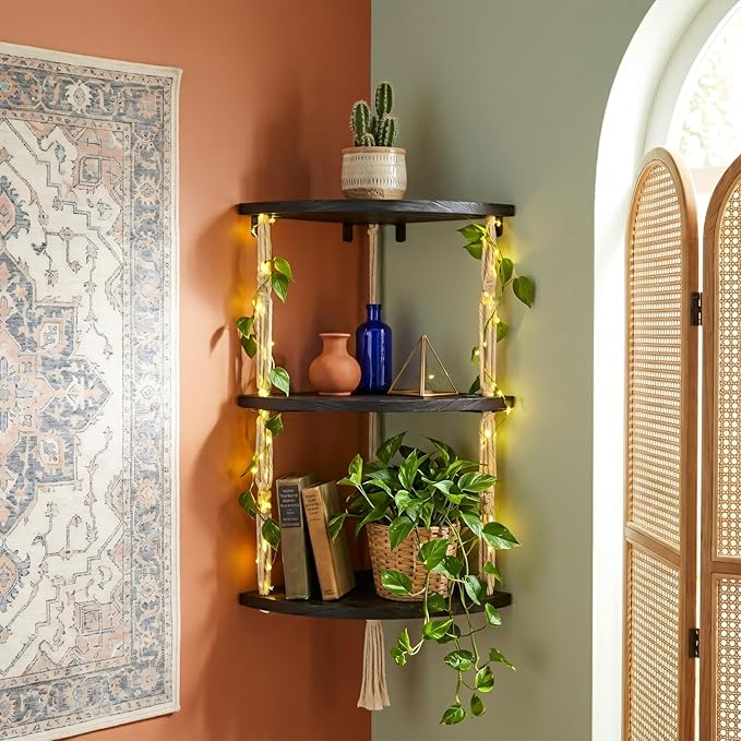 REFGY 3-Tier Corner Floating Shelves with Aesthetic Greenery & Fairy Lights - Premium Wood-Textured Boho Wall Hanging Shelf - Stable L-Bracket Support for Home Decor, Office & Small Spaces