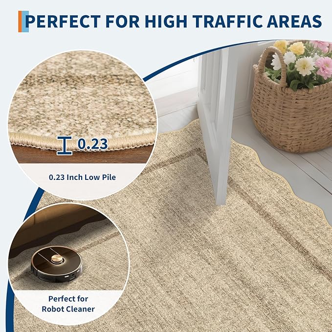 GarveeHome Scalloped Runner Rug for Hallway 2x10 Kitchen Rugs Non Slip Washable Modern Entryway Rug Farmhouse Soft Bathroom Rugs Stain Resistant Carpet for Hallway Laundry Bedroom 2'x6' Jute Color