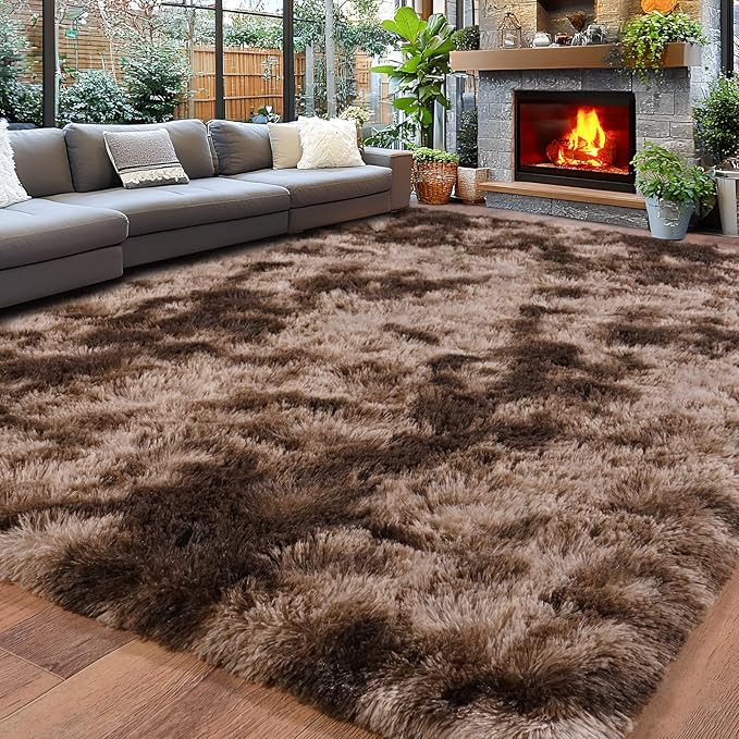 Area Rugs 9x12 for Living Room, Ultra Soft Fluffy Rugs for Bedroom, Non-Slip Furry Large Rug for Teen Girls and Boys,Nursery Kids Room Dorm Home Decor, High Pile Plush Floor Carpet, Tie Dyed Brown