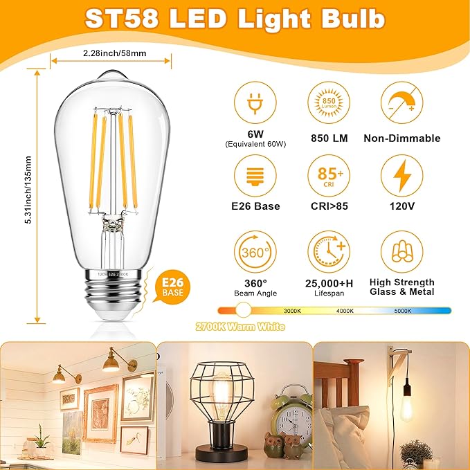 ASOMST 4-Pack Vintage Edison Bulbs 60W Equivalent, 850LM 6W LED Light Bulb Warm White 2700K, ST58 Filament Lighting E26 Base, Non-Dimmable