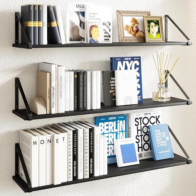 BAMEOS Rustic Wood Wall Shelves - Set of 3, Large Bookshelf for Living Room, Bedroom and Kitchen, Black Shelves for Wall Decor