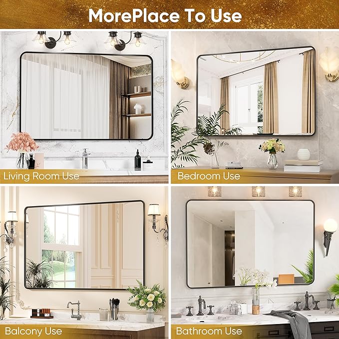 Antok Bathroom Mirror, 48"x30" Wall Mirror, Decorative Mirrors Vanity Mirror Aluminum Alloy Frame Contemporary Rectangular Hanging Mirror for Living Room Bathroom Entryway,Black,Round Corner