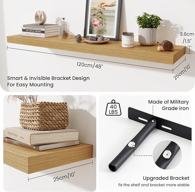 Fun Memories 48 Inch Floating Shelves for Wall - 10 Inch Deep Fireplace Mantel Shelf - Wood Floating Shelves for Wall - Large Storage Shelf Wall Mount for Living Room & Bedroom - Oak - Set of 1