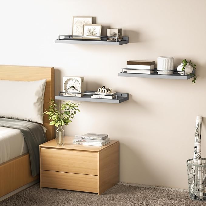 RYOFOBETTO Floating Shelves for Wall Decor, Grey Shelves for Bathroom, Living Room, Bedroom, Picture Frames, Plants, Kitchen (Set of 3)
