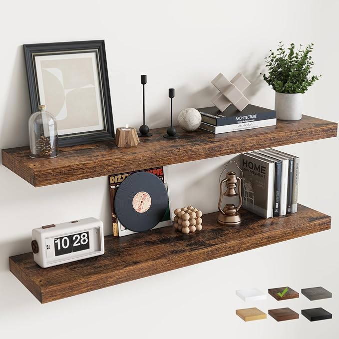 48 Inch Floating Shelves for Wall with Invisible Brackets Set of 2, 9"D Engineered Wood Wall Shelves with Wood Grain for Living Room, Bedroom, Bathroom, Kitchen Decor and Storage, Rustic Brown