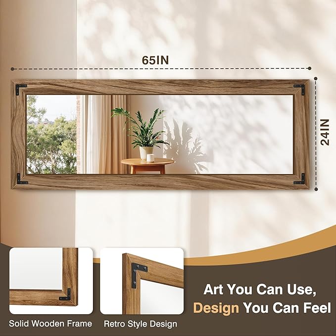 FICTOR Wooden Full Length Mirror, 65"x24" Solid Wood Frame Floor Mirror, for Farmhouse, Bedroom, Living Room, Entryway Decor, Leaning or Hanging
