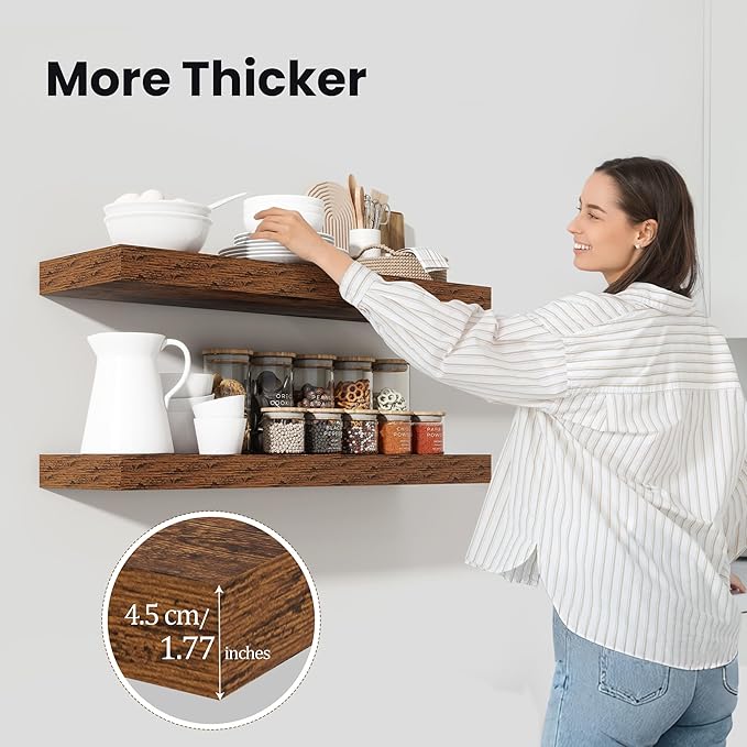 Heimlove Floating Shelves for Wall 48 Inch Long,Extra Large and Thick Wood Shelves Mounted Storage Hanging Shelf Invisible Bracket for Bedroom,Living Room,Kitchen,Office,Set of 2,Rustic Brown