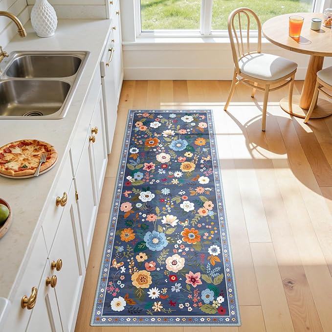 RELEANY Floral Nursery 2x5 Area Rugs Washable Print Boho Cute Carpet Non Slip Flower Low Pile for Living Room Kids Girls Playroom Bedroom Kitchen Office Farmhouse-Blue/Grey