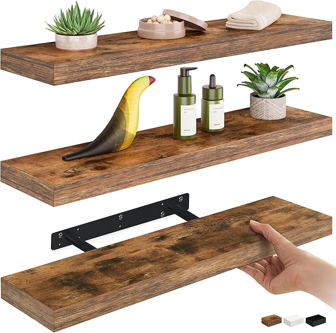 Ballucci Floating Shelves for Wall, 24" Wood Shelf Set of 3, Invisible Brackets Floating Shelf for Wall Decor Living Room, Bathroom, Bedroom, Kitchen, 6" Depth, Rustic Brown