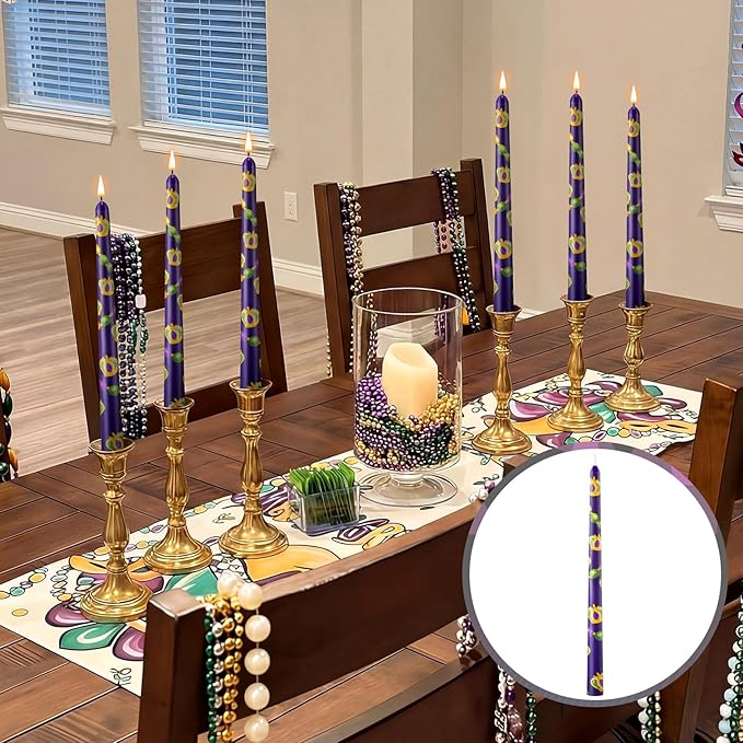 Threlaco 6 Pcs Mardi Gras Taper Candles 9.8" Purple Green Gold Beads Crowns Long Taper Candlesticks New Orleans Decorations Unscented Candles for Mardi Gras Party Gift Home Table Decor