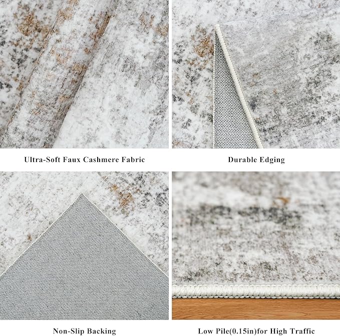 5x5 Square Entryway Rug Washable – Non-Slip Small Area Rug for Kitchen or Bathroom, Soft Low-Pile Indoor Mat, Modern Abstract Thin Door Carpet (Beige Grey)